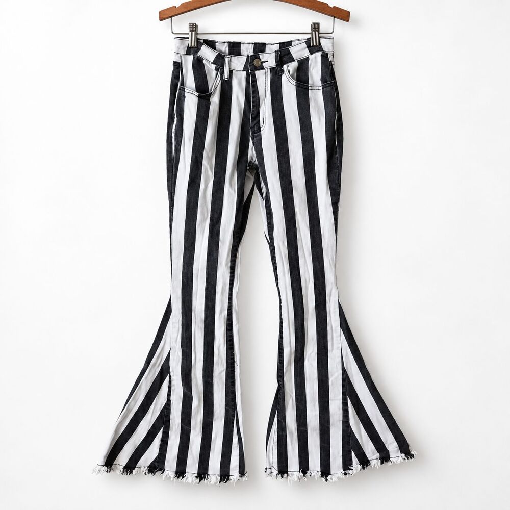 Altar'd State Womens S Black White Striped Flare Jeans Bell Bottom Boho Raw Hem